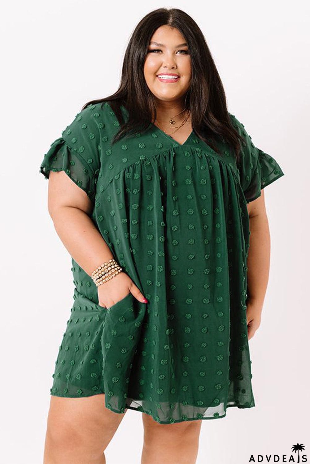 Plus Size V Neck Ruffle Swiss Dot Mini Dress with Pocket