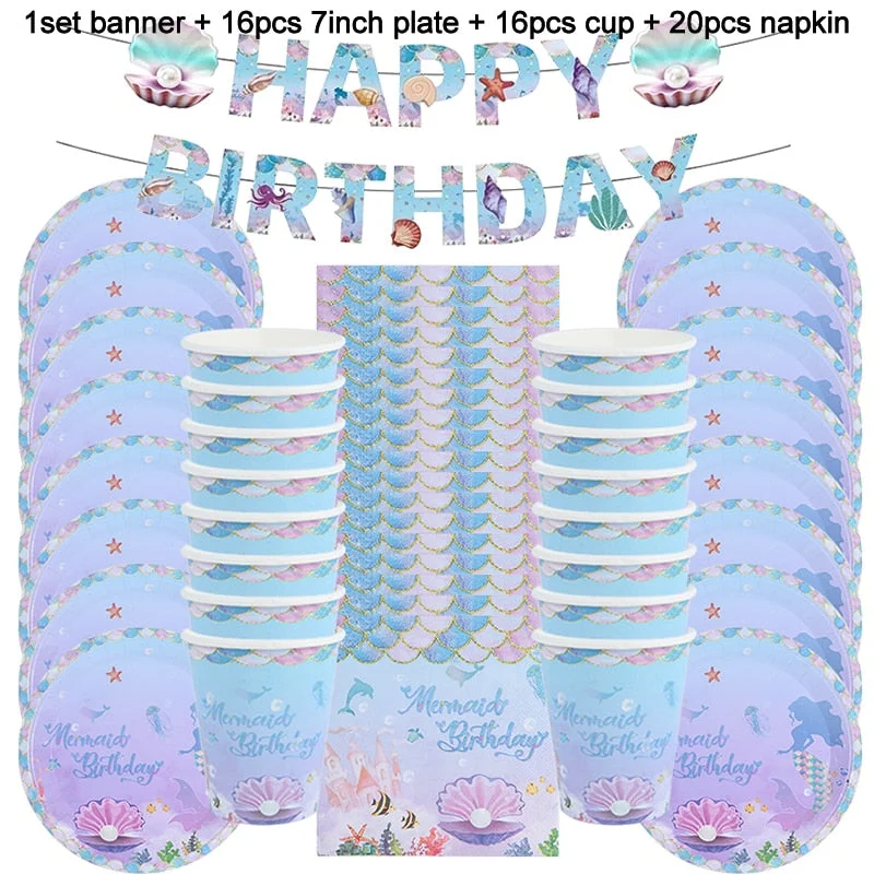 53pcs Mermaid Birthday Party Disposable Tableware Set Napkins Plates Cups Under the Sea Baby Shower Girl Mermaid Party Supplies