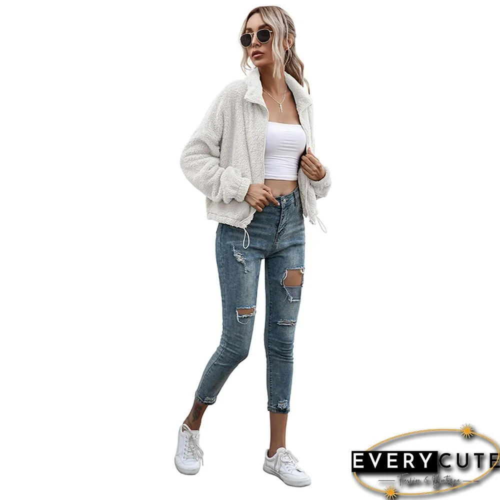 White Zipper Up Double-side Fleece Coat