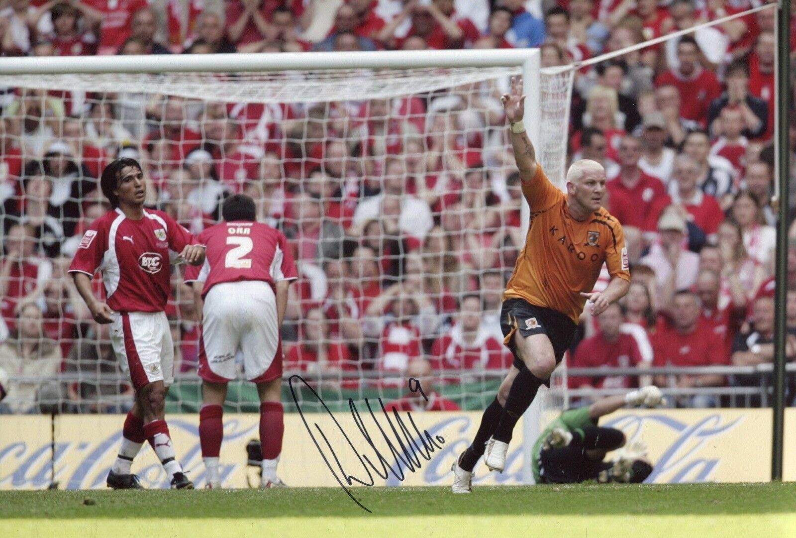 Hull City legend Dean Windass signed Wembley Play Off final volleyed goal Photo Poster painting