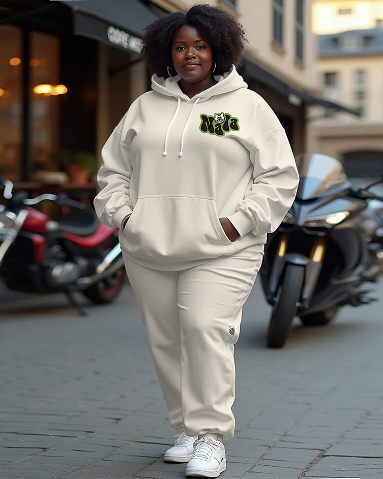 Women's Plus Size Cute Letter Print Hoodie and Gradient Casual Pants Set