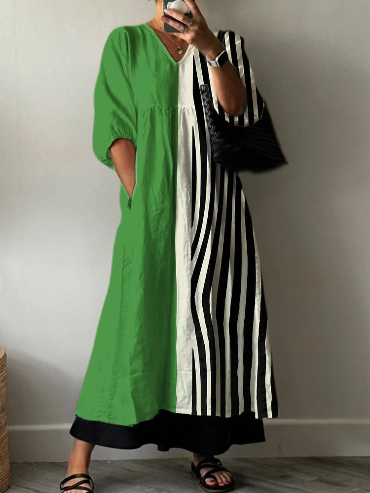 Women's   Minimalist  Print Pocket V-neck Cotton Dress