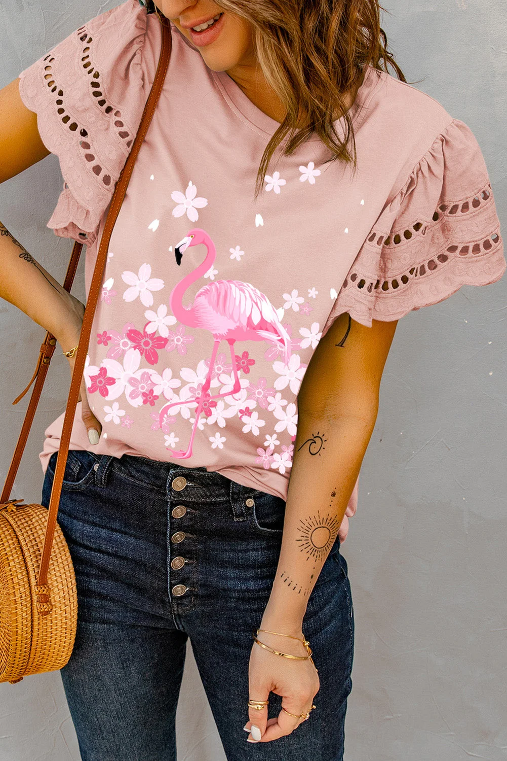 Cherry Blossom Flamingo Butterfly Sleeve Tee