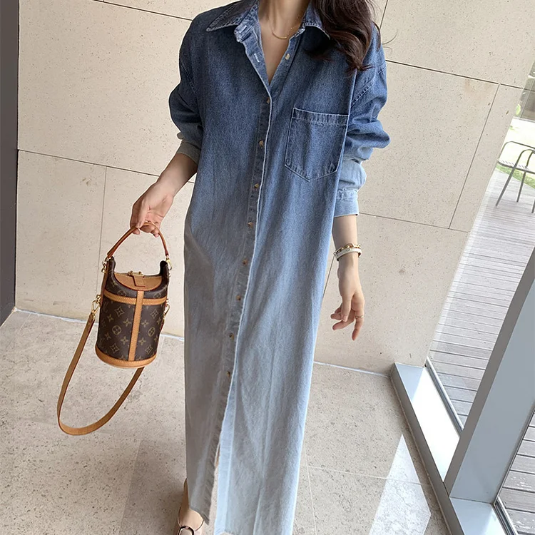 Niche Design Denim Long Sleeve Midi Dress