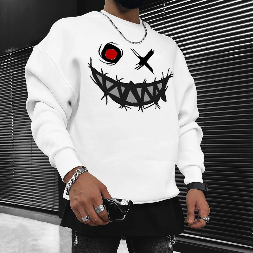 Smiley Print Casual Oversized Men's Sweatshirt、、URBENIE