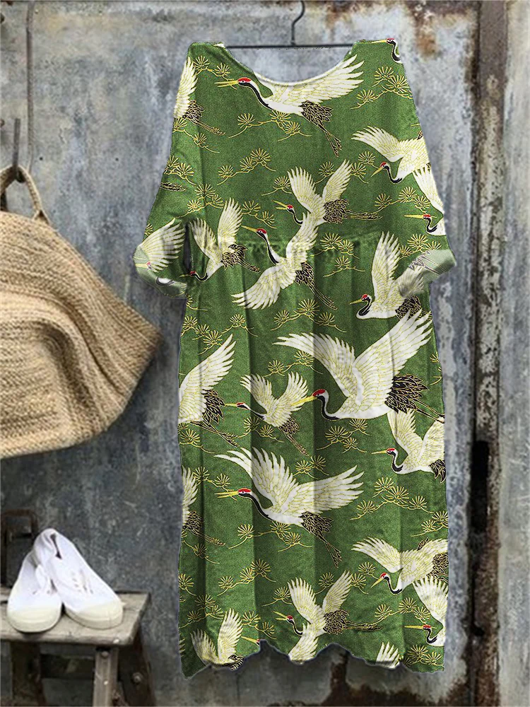 VChics Cranes & Pine Trees Japanese Traditional Pattern Maxi Dress