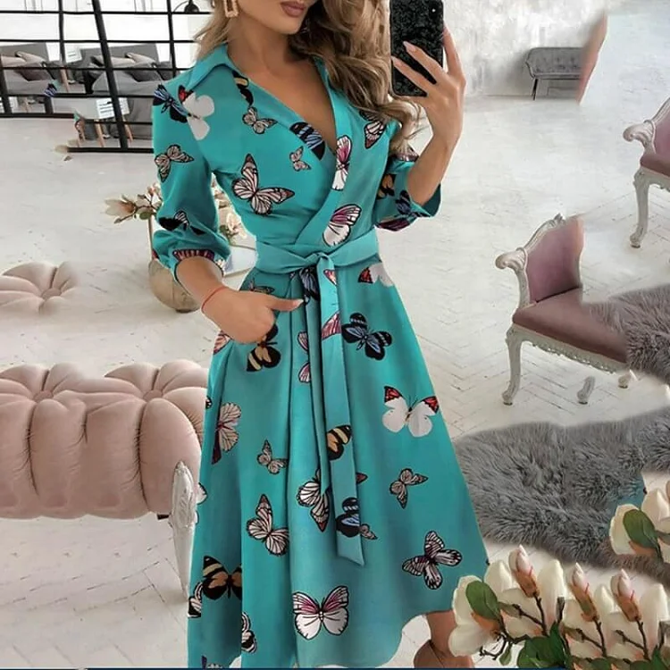 Elegant Print Printing Turndown Collar A Line Dresses