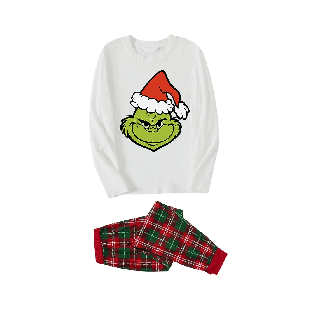 2024 Smile Green Elf Cartoon Pattern Contrast White Long Sleeve with Classic Red and Green Plaid Pants Family Matching Pajamas