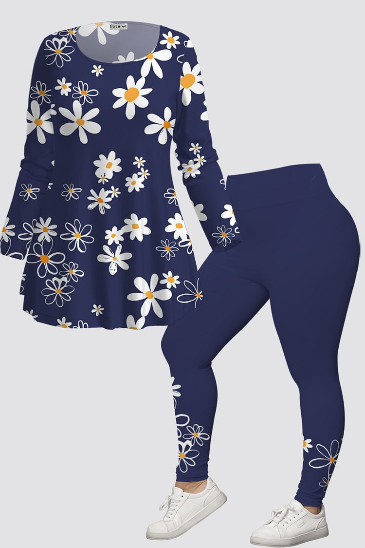 Flycurvy Plus Size Casual Blue Floral Print Two Piece Pant Set  Flycurvy [product_label]