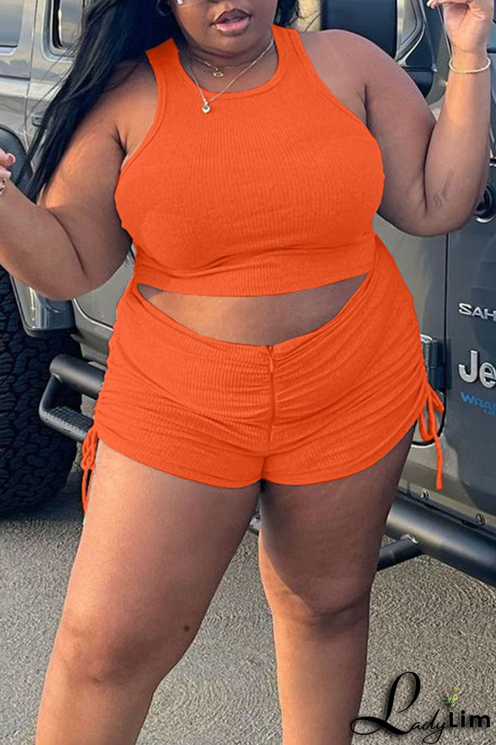 Fluorescent Green Casual Solid Split Joint O Neck Plus Size Two Pieces