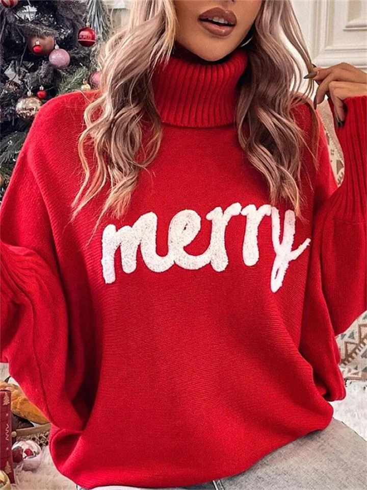 Christmas Turtleneck Sweater Women's Fall and Winter Loose Bat Sleeve Outwear Knit Sweater Tops for Women-Mixcun