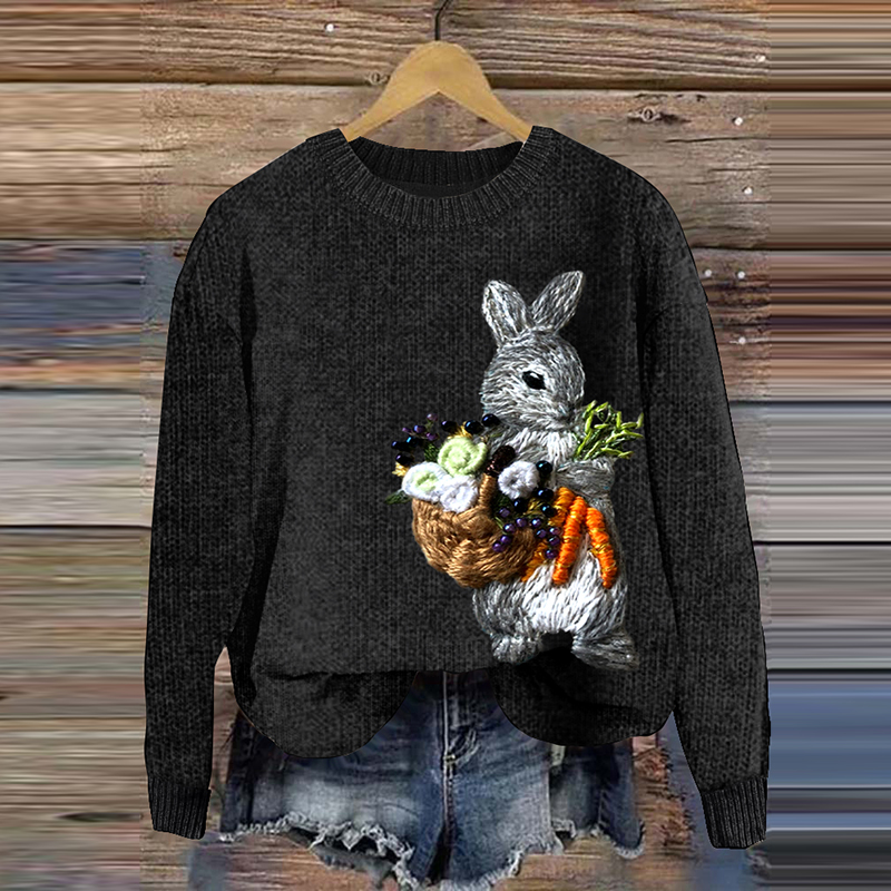 A Good Harvest Bunny Embroidery Art Cozy Knit Sweater wearshes