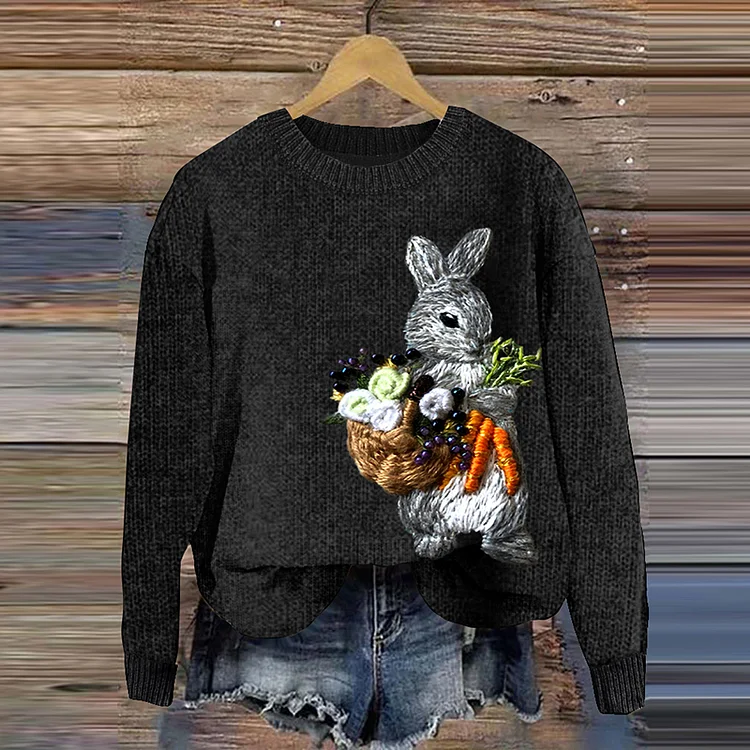 A Good Harvest Bunny Embroidery Art Cozy Knit Sweater