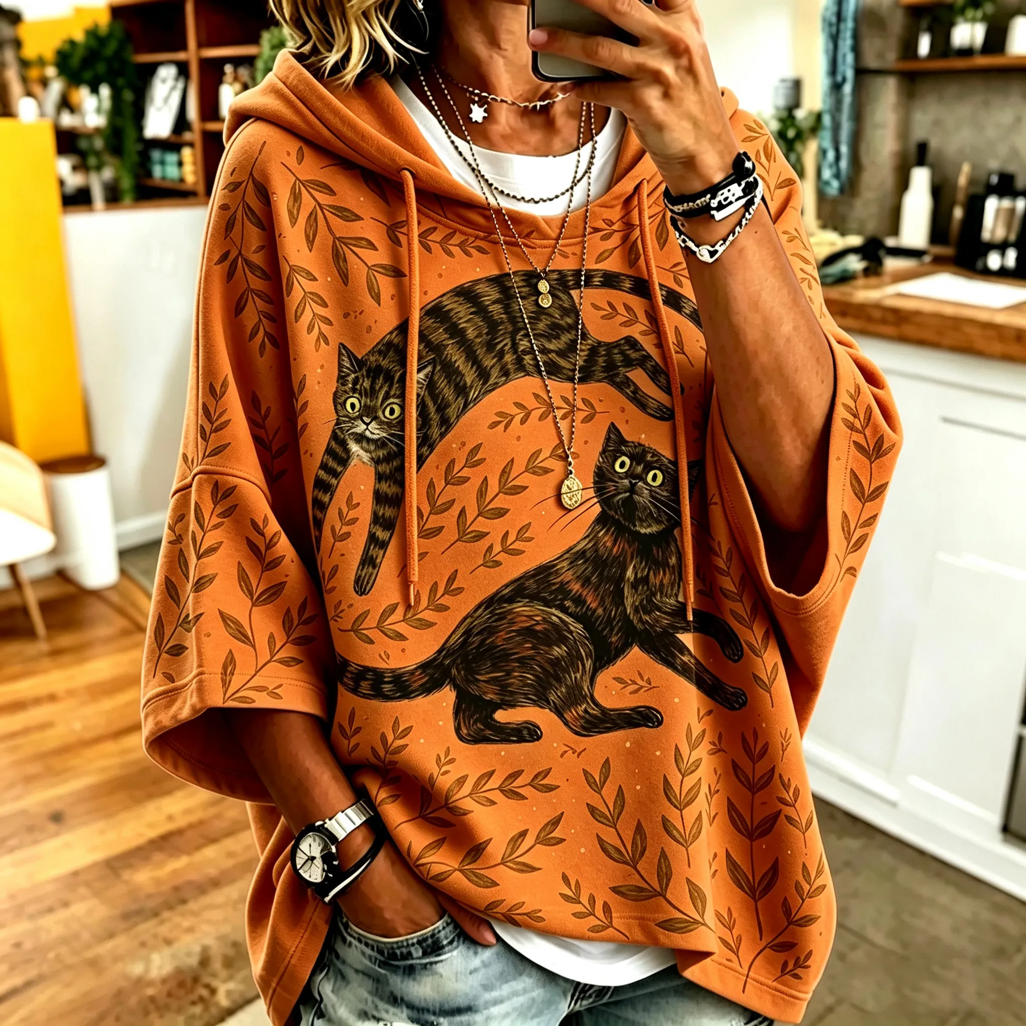 Comstylish Women's Retro Cat And Leaf Print Casual Hooded Sweatshirt