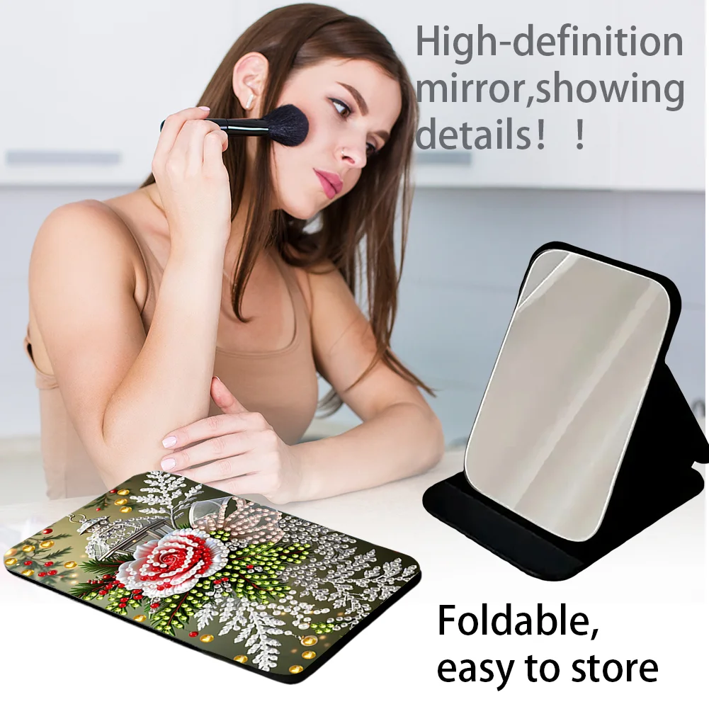 DIY Diamond Art Shiny Crystal Mirror Lightweight Standing Makeup Mirror (Rose)