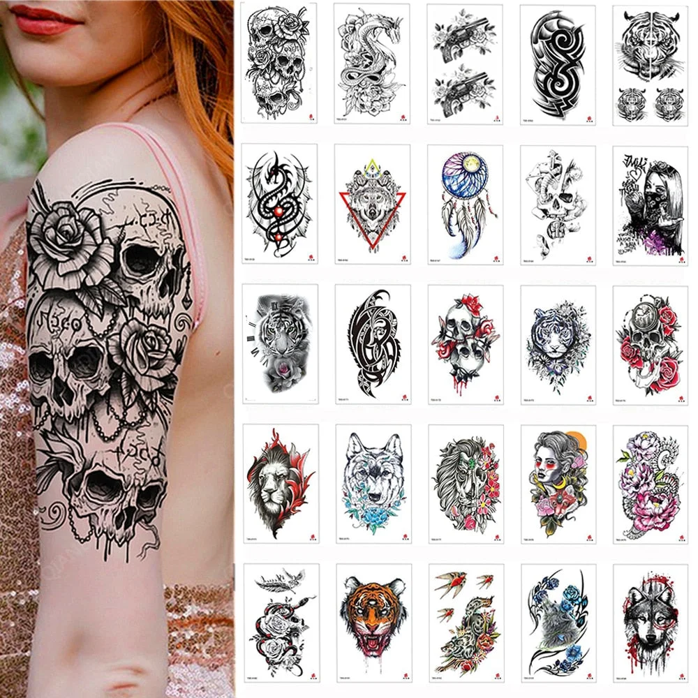 100 Piece Wholesales Waterproof Temporary Tattoo Sticker Dragon Tiger Skull Lightning Flower Butterfly Body Arm Man Women Tatoo