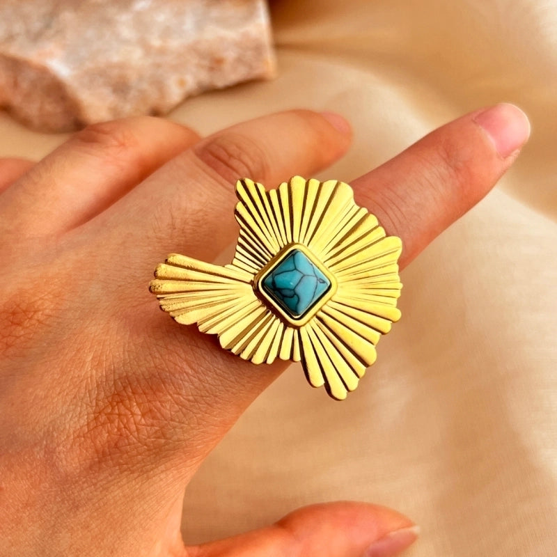 Casual Retro Minimalist Sun 304 Stainless Steel Turquoise 18K Gold Plated Inlay Open Rings