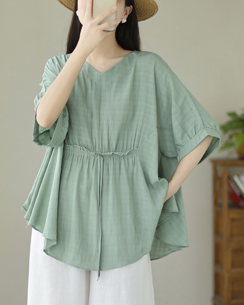 Drawstring Detail V Neck Short Sleeve Solid Color Loose Top