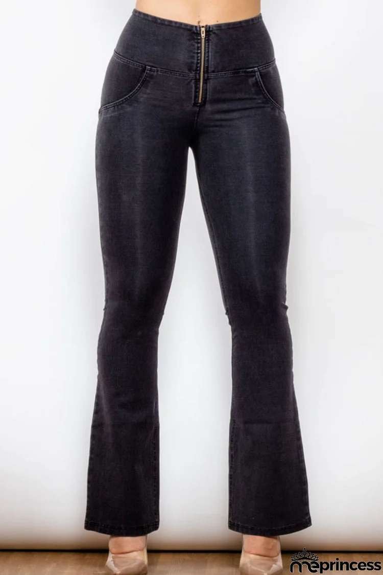 Zip Detail Flare Long Jeans