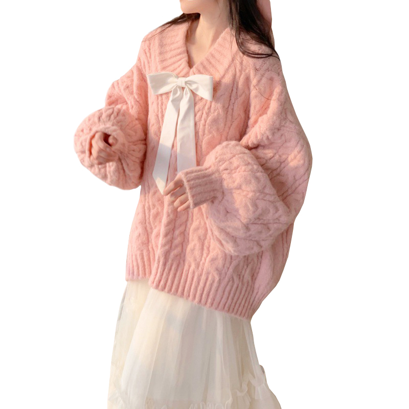 PINK TWIST BOW V NECK LOOSE SWEATER
