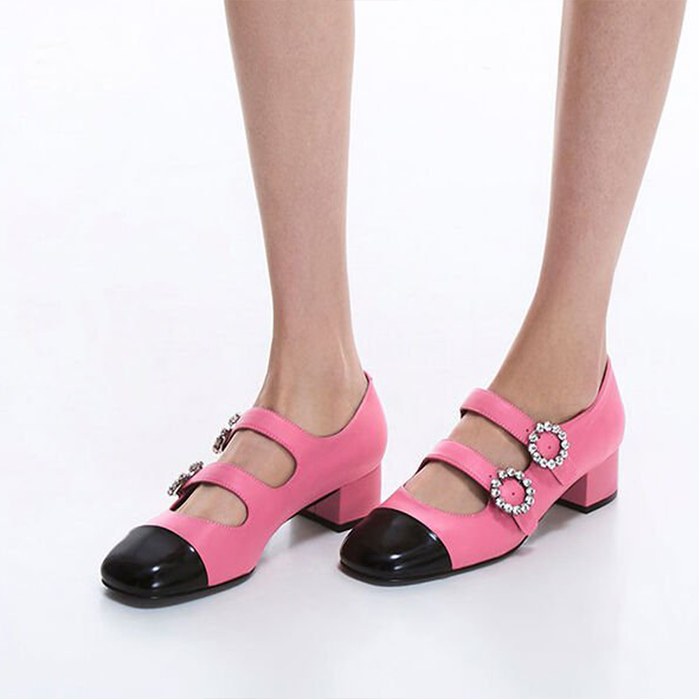 Black & Pink Square Toe Chunky Heel Buckled Mary Jane Shoes Nicepairs