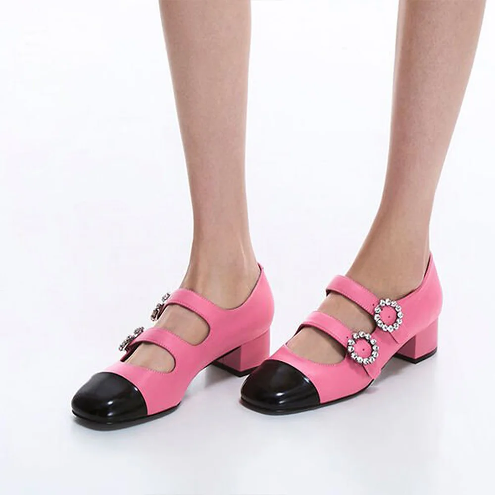 Black & Pink Square Toe Buckled Mary Jane Shoes With Low Chunky Heel Nicepairs