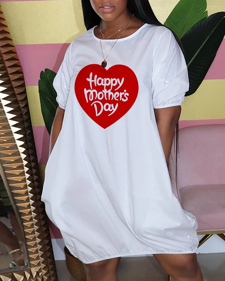 Mother's Day Letter Heart Print Ruched Casual T shirt Dress P4219666485