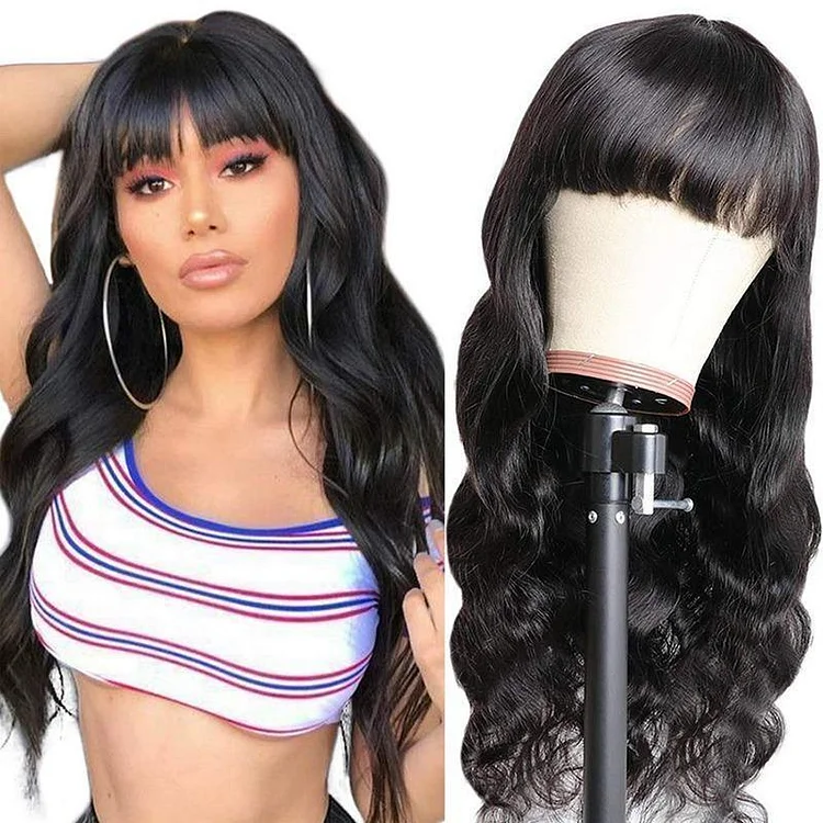 Black Long Hair Loose Deep Wave Wigs with Bangs for Black Women