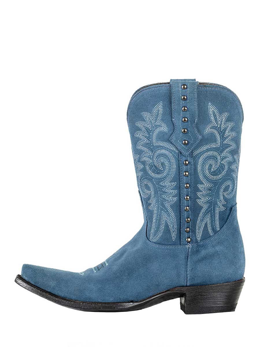 Blue Vegan Suede Snip Toe Studded Block Heel Elegant Cowgirl Boots