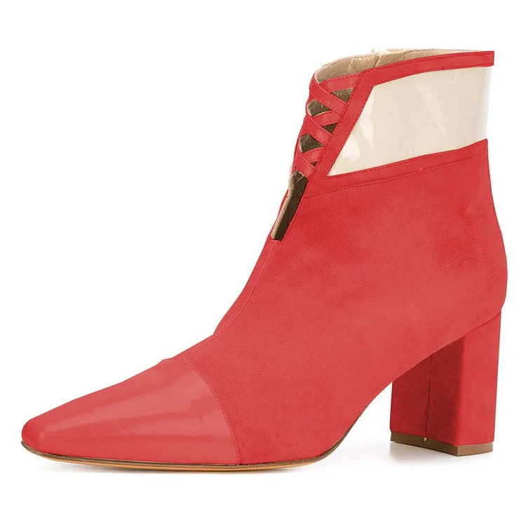 Red Vegan Suede Chunky Heel Boots Ankle Boots |FSJ Shoes