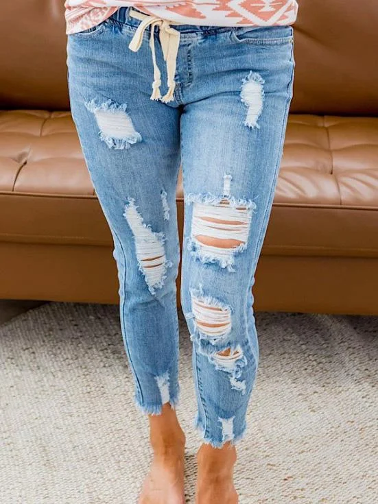 Women's Jeans High-Rise Ripped Elastic Waist Jeans