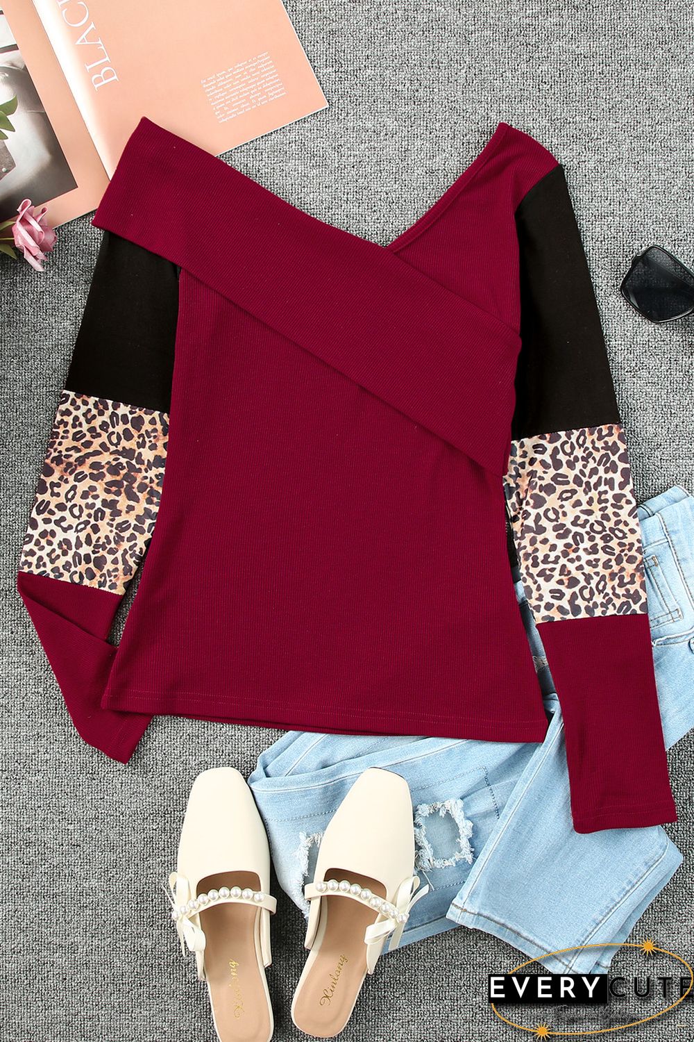 Red Leopard Color Block Ribbed Cross Wrap Top
