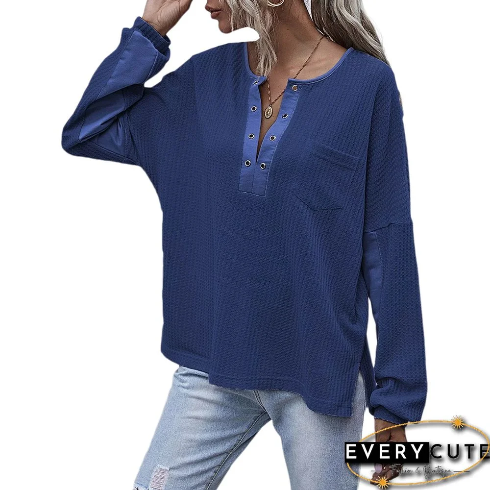 Navy Blue Waffle V Neckline Pocket Long Sleeve Tops