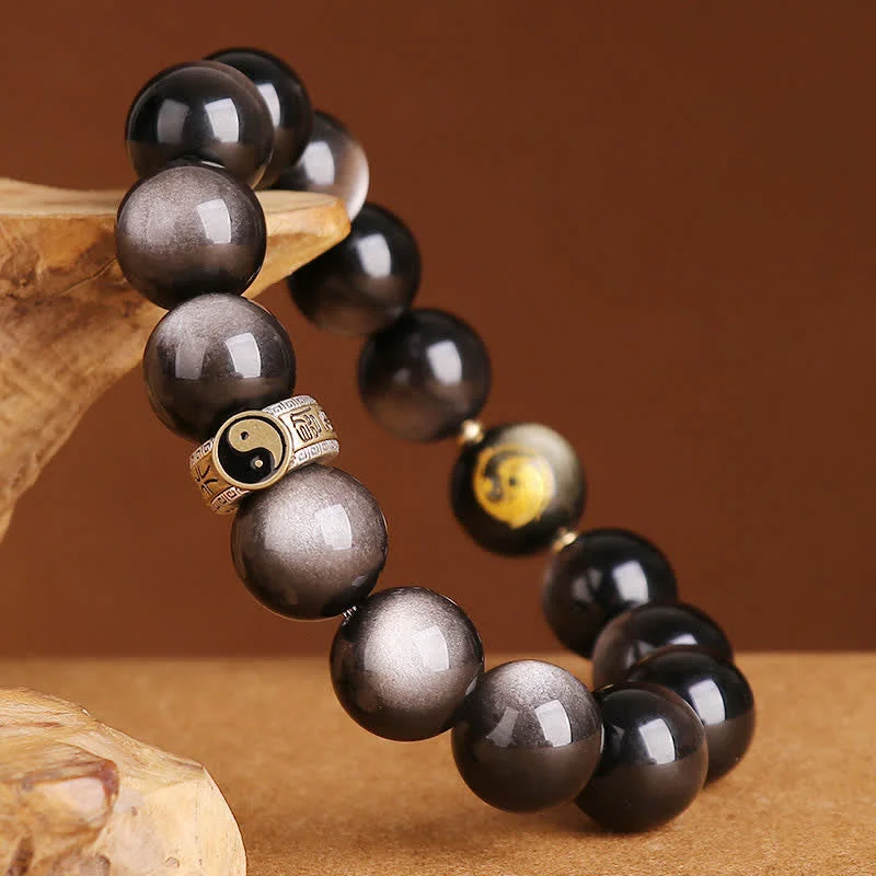 925 Sterling Silver Black Obsidian Gold Sheen Obsidian Silver Sheen Obsidian Yin Yang Protection Bracelet