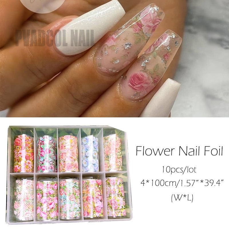 Holographic Flower Nail Foil Floral Foil Nails Nail Art Transfer Foils Wraps Acrylic Nails Design 10rolls/box