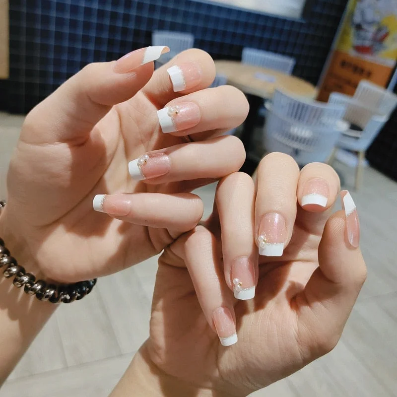 24 Pcs Lots French False Nails With Glue For women Wedding Bride Fake Nail Long Full Nail Tips artificial nails Art accessories-Nail Inspo