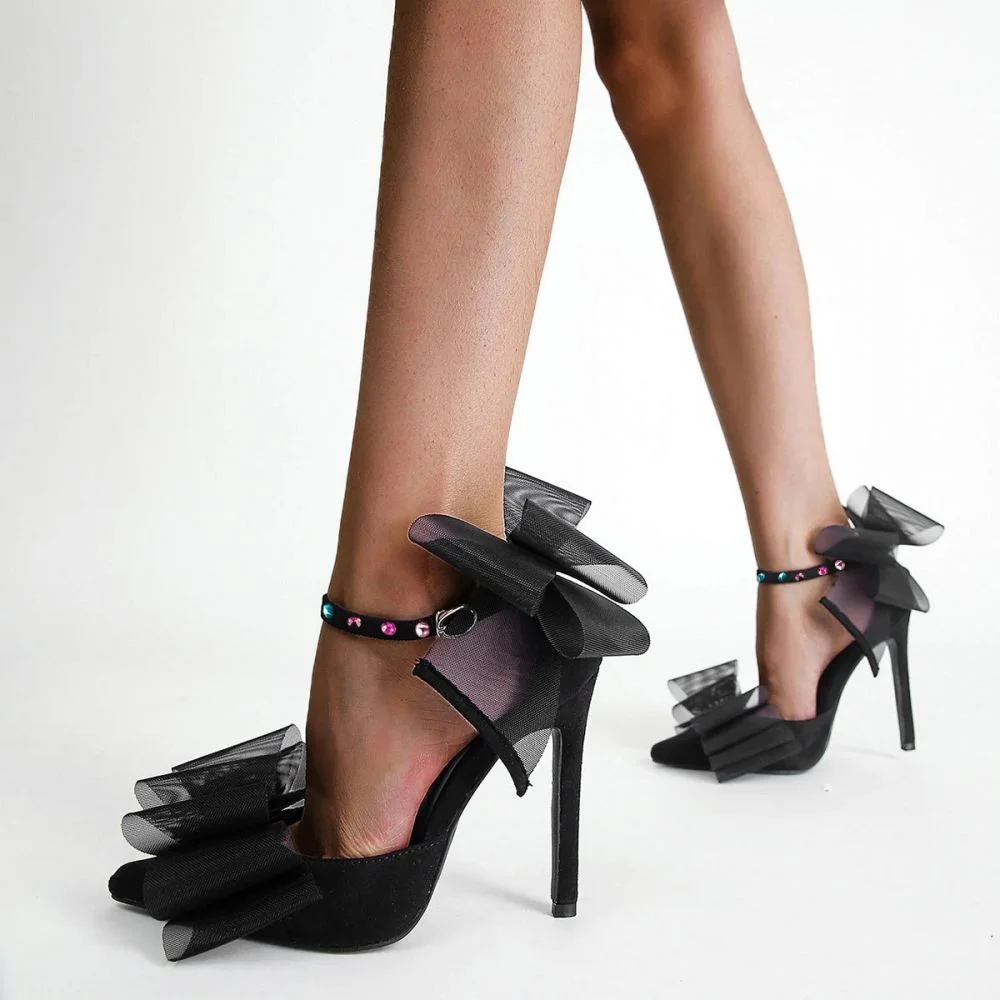 Black Suede D‘orsay Pumps Ankle Strap Heels with Lace Bows Nicepairs
