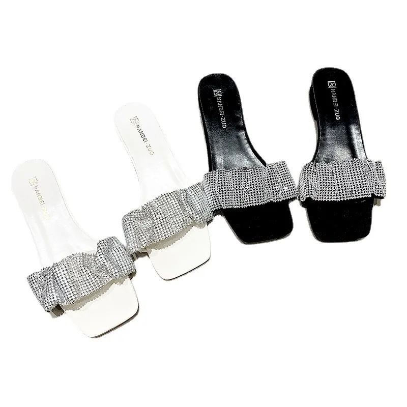 Breakj Breakj Drill Cool Slippers Women Wear 2023 Summer New Fashion Word Drag In The Toe And Coarse Woman Drag
