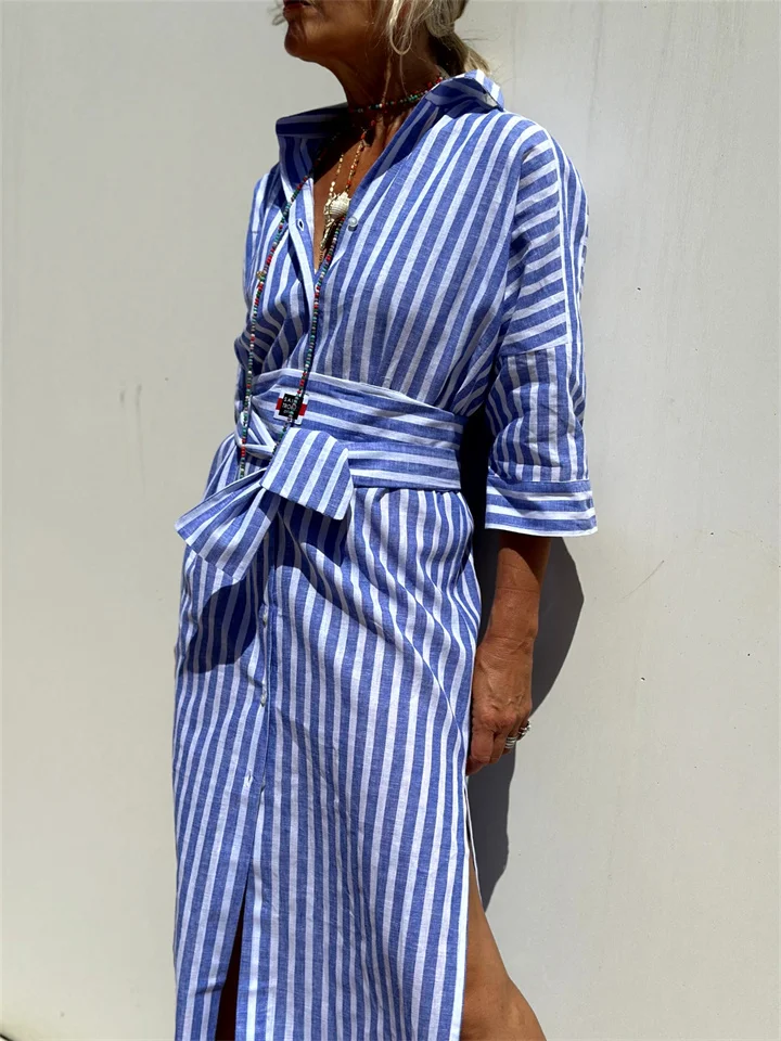 Women's New Five-quarter Sleeve Striped Cardigan Lapel Shirt Dresses