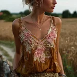 Bohemian Retro Pink Floral Pattern Women's Sleeveless Thin Shoulder Strap Vest - Image 8