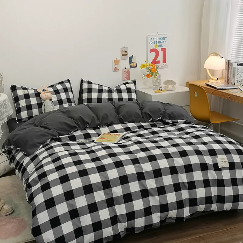 Aonga Japanese Style Bedding Set Simple Nordic Comforter Cover Flat Sheet Pillowcase Single King Size Microfiber Girls Boys Bed Linens aonga