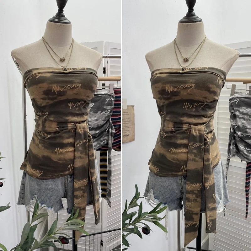 Nigikala Nigikala Shot Y2k With Chest Pads With Chest Pads To Wear Chest Vest Irregular Belt Strap Short Tie-Dye Letter Print Top 9270