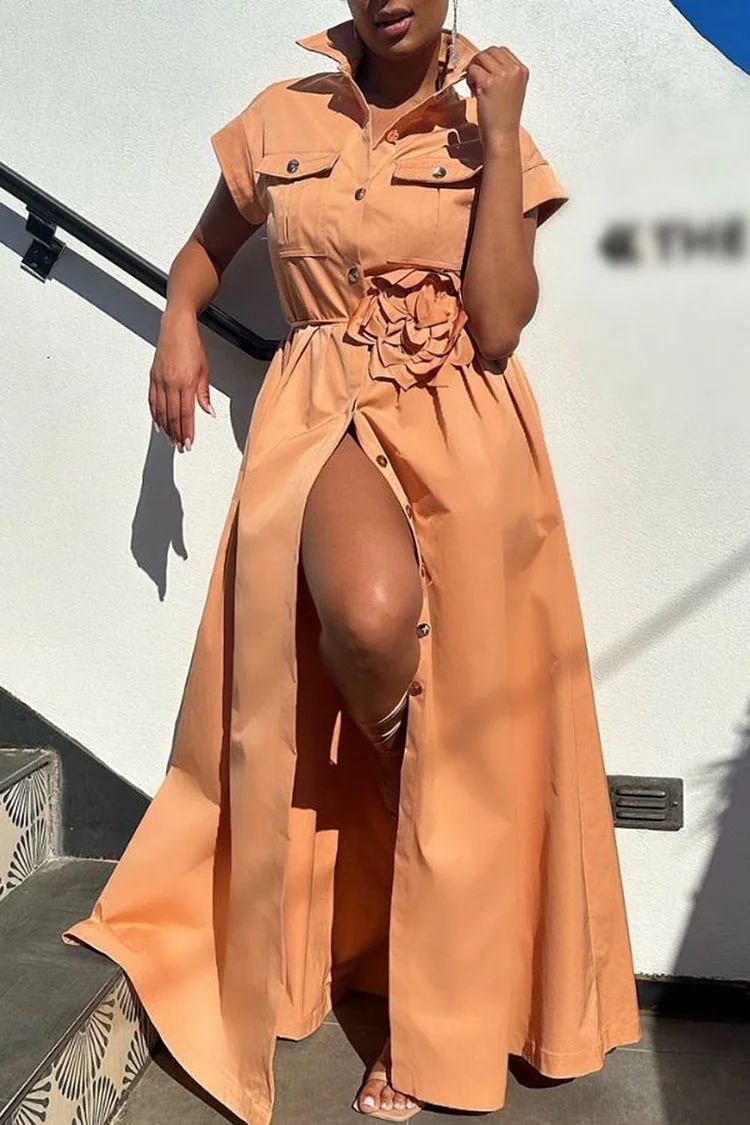 Plus Size Vacation Khaki Casual Shirt Collar Short Sleeve 3D Pocket Maxi Dresses [Pre-Order] 2024 - Xpluswear
