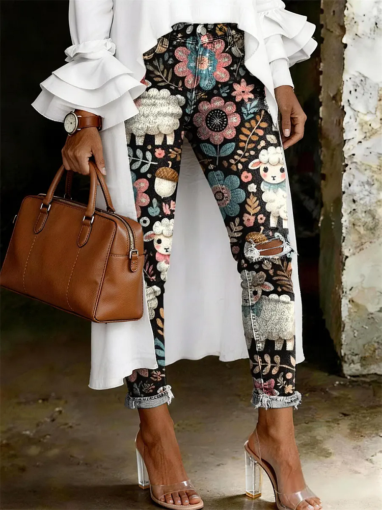 Women's Fashion Casual Multicolor Flowers Sheep Art Print Ripped Skinny Jeans