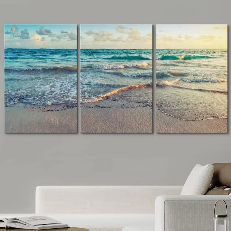 3-Piece Set Sunrise on Atlantic Ocean Canvas Wall Art
