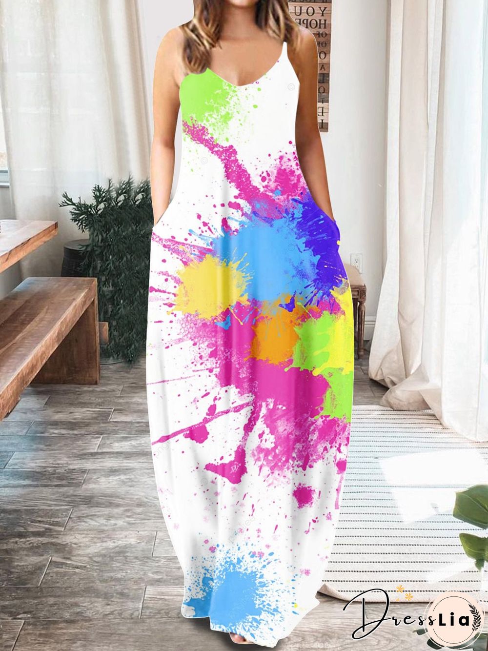 Women'S Dresses Printed V-Neck Sling Pocket Sleeveless Dress