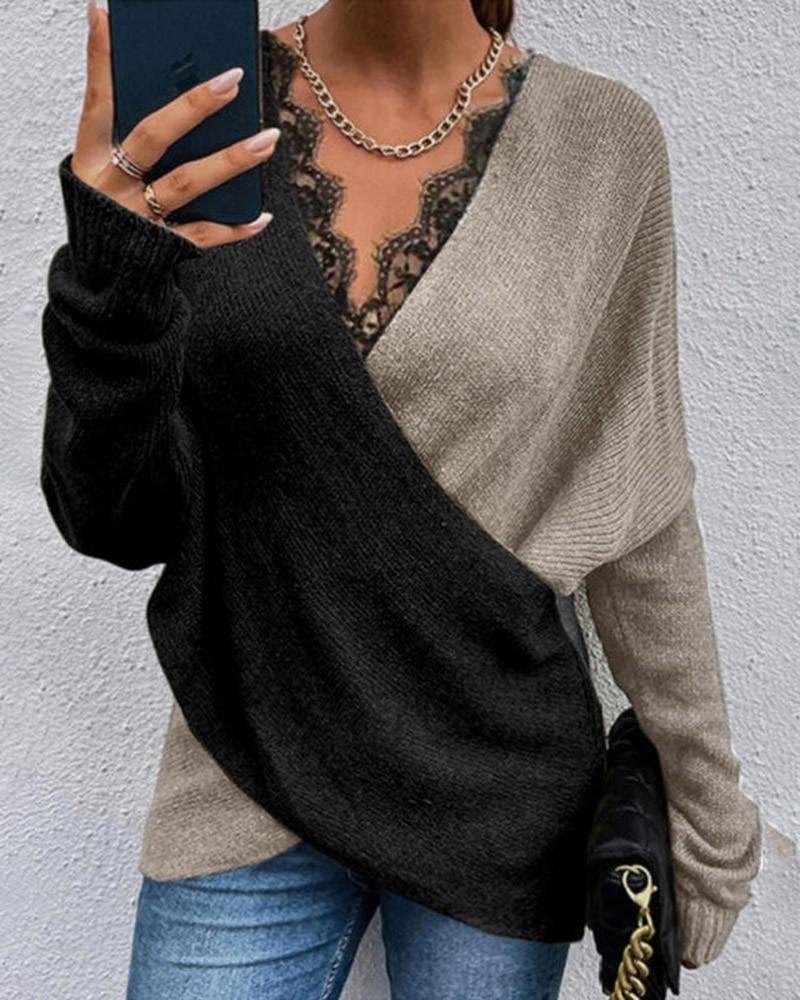 Colorblock Contrast Lace V-Neck Wrap Sweater | EGEMISS