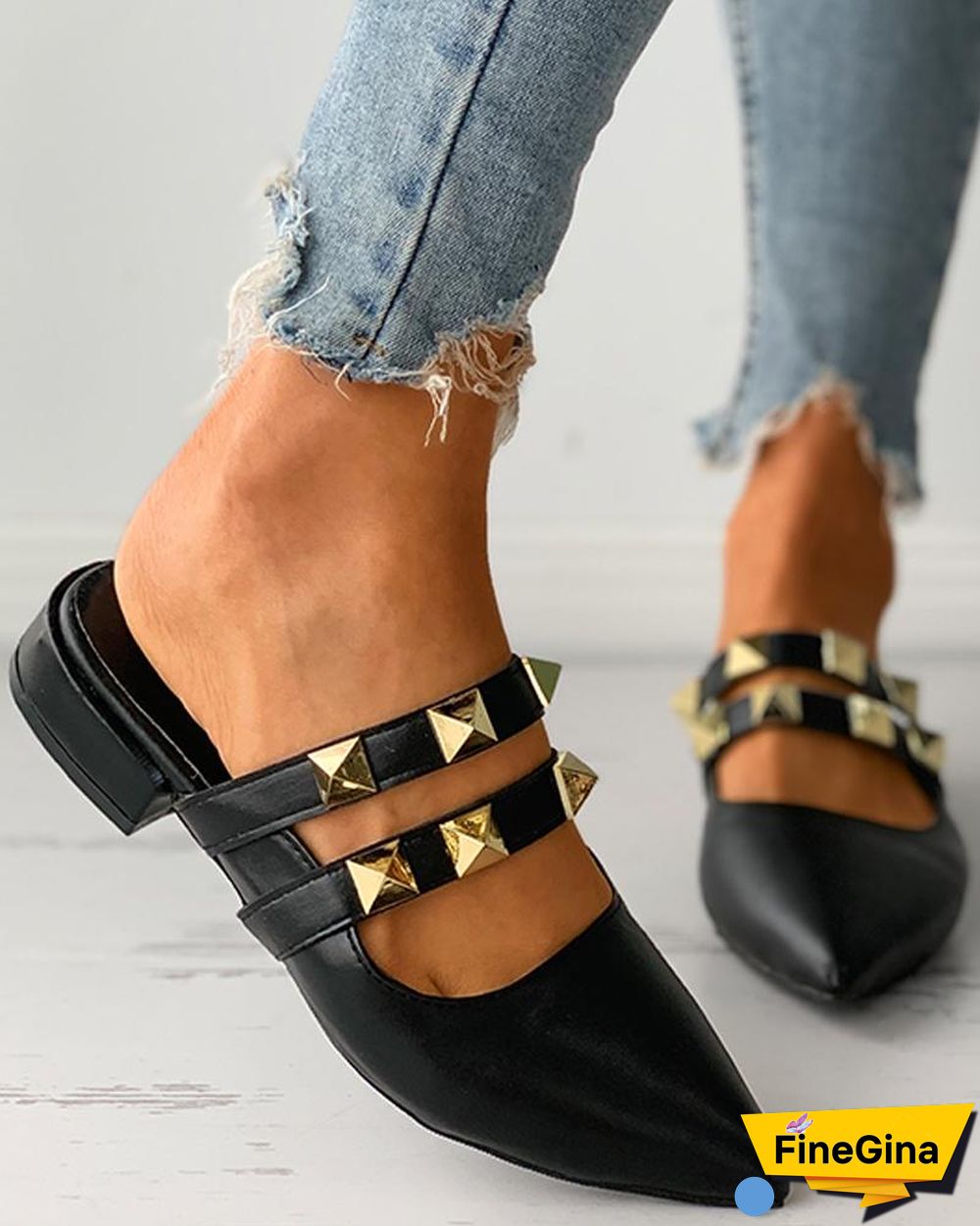 Double Strap Rivet Pointed Toe Slip-on Flats