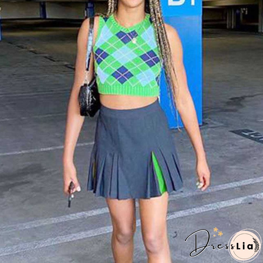 Checkered Cropped Knitted Tank Argyle Sleeveless Jumper