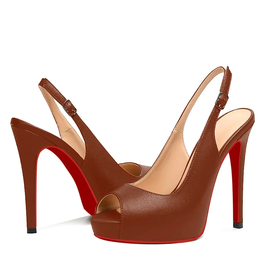120mm Strap Slingback Sandals Peep Toe Platform Stilettos Red Bottom Matte Heels-vocosishoes